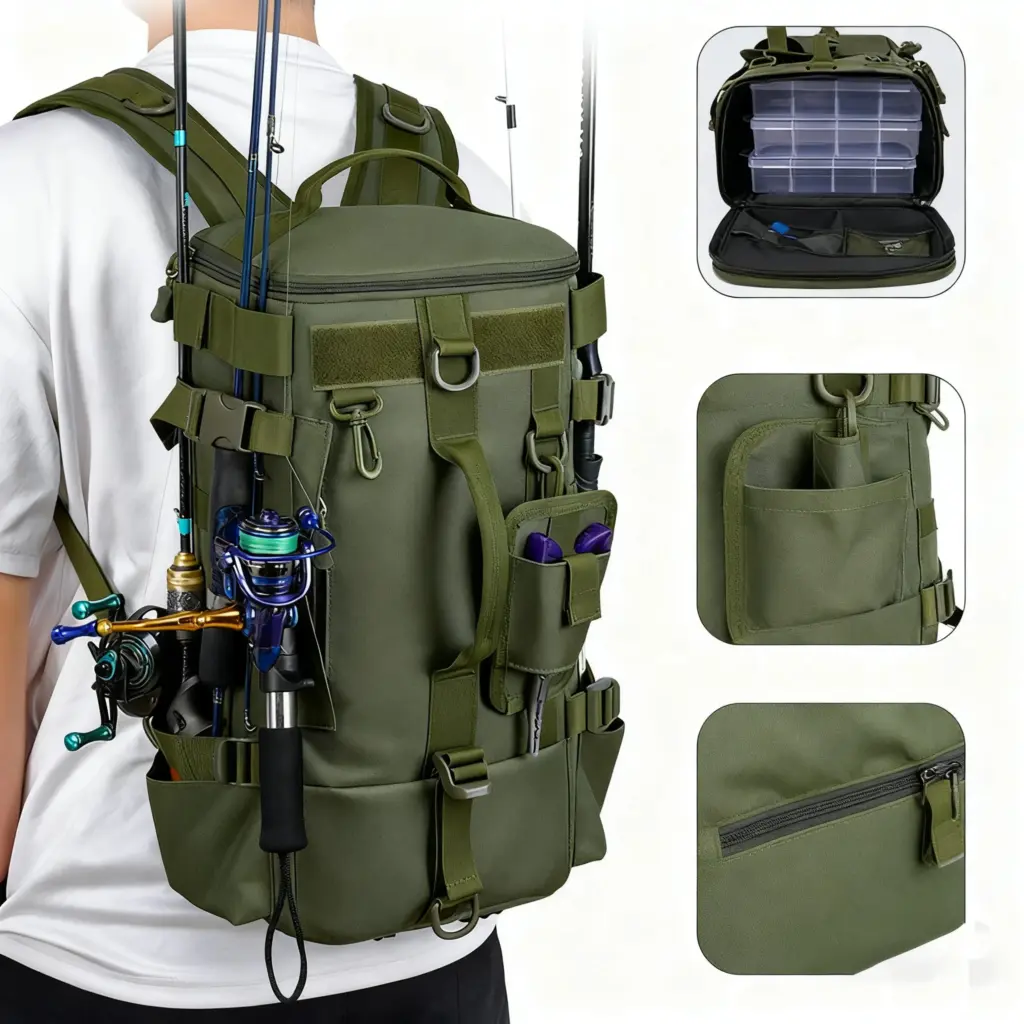 Mochila Modular de Pesca con Portacañas