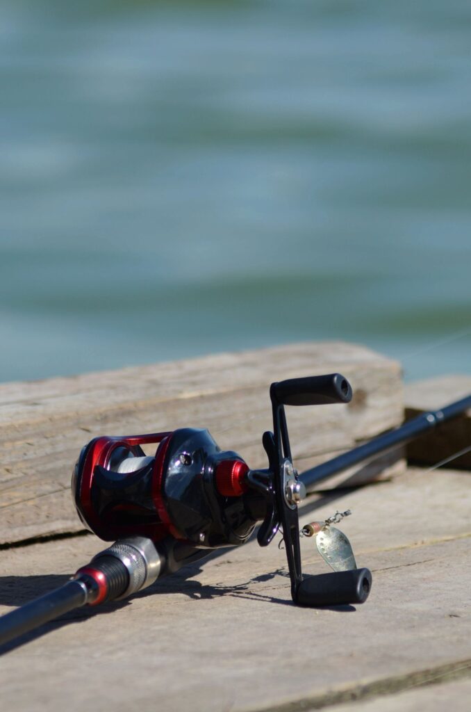 Cana de pesca Mitchell Traxx apoyada en un muelle de madera